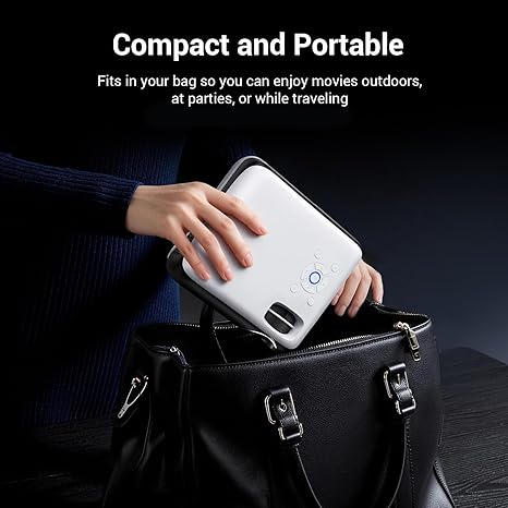 AuKing Smart Projector side view showing gray finish and foldable omnidirectional stand