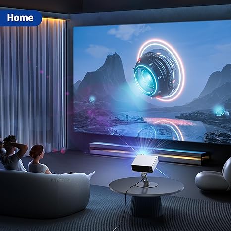 AuKing Smart Projector side view showing gray finish and foldable omnidirectional stand