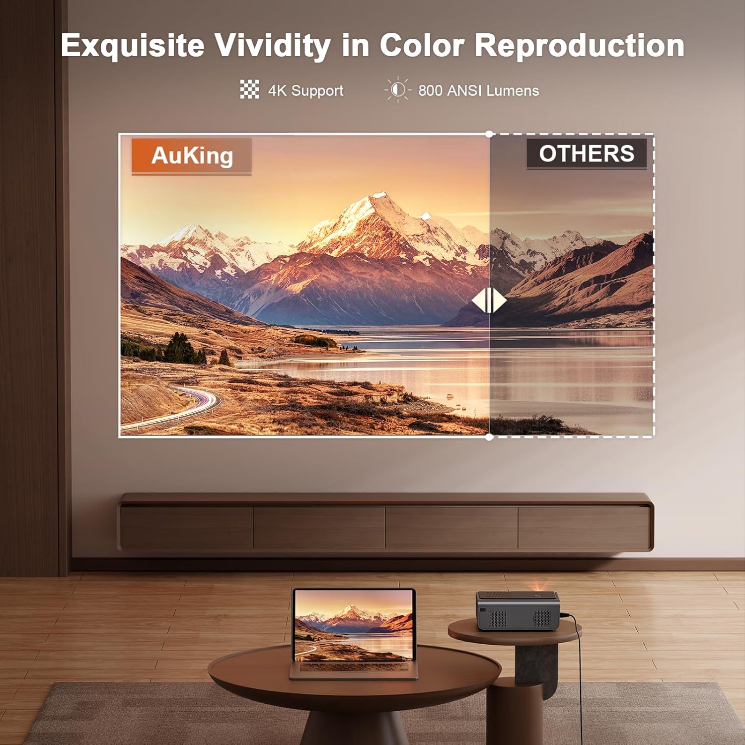 Person watching a large projected image in a dimmed living room on an AuKing smart projector